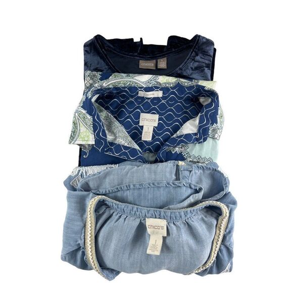 Chico's 3 Piece Clothing Lot Tops Blouses Size 1 Medium Career Casual Blue - Picture 1 of 16